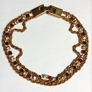 Vintage 1980s Gold Tone Red & Clear (faux diamond) Rhinestone 7” Tennis Bracelet